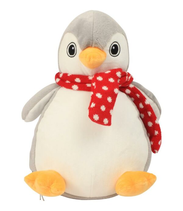 "Soft plush penguin with contrast knitted scarf. Contrast beak and feet. Sewn eyes. White coloured panel on tummy. Removable inner pad. Zip access for decoration onto front panel. Suitable for embroidery