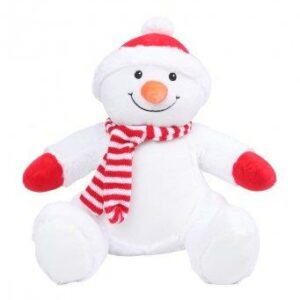 "Soft plush snowman with contrast knitted scarf. Sewn eyes and mouth. Contrast orange nose. Contrast hat and gloves. White coloured panel on tummy. Removable inner pad. Zip access for decoration onto front panel. Suitable for embroidery