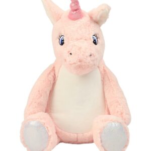 "Pink coloured soft plush unicorn. Pink contrast horn and feet. White contrast mane and tail. Sewn eyes. Removable inner pad. Zip access for decoration onto front panel. Suitable for embroidery