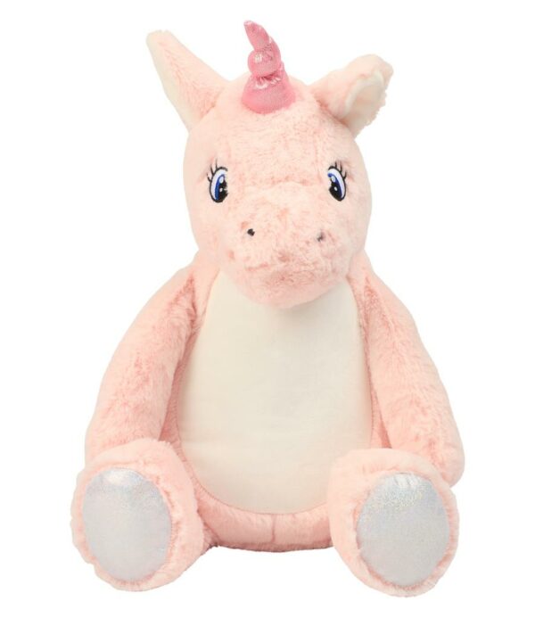 "Pink coloured soft plush unicorn. Pink contrast horn and feet. White contrast mane and tail. Sewn eyes. Removable inner pad. Zip access for decoration onto front panel. Suitable for embroidery