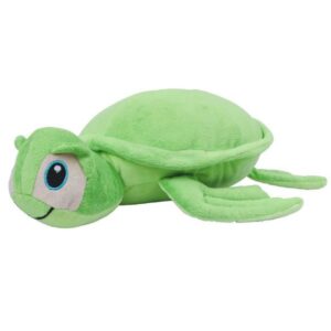 "Green coloured soft plush turtle. Contrast eye detail. Removable inner pad. Zip access for decoration onto top and bottom panels. Suitable for embroidery