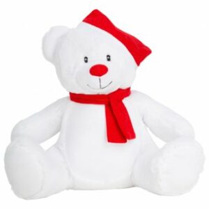 "Soft plush white bear. Christmas hat over one ear. Sewn eyes. Red nose. Red knitted scarf. Removable inner pad. Zip access for decoration onto front panel. Suitable for embroidery