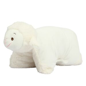 "Cream coloured soft plush lamb cushion. Hook and loop tab fastening. Zip access for decoration onto front panel. Removable inner cushion. Suitable for embroidery