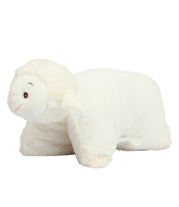 "Cream coloured soft plush lamb cushion. Hook and loop tab fastening. Zip access for decoration onto front panel. Removable inner cushion. Suitable for embroidery