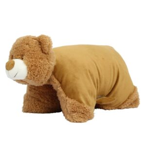 "Mid brown coloured soft plush bear cushion. Hook and loop tab fastening. Zip access for decoration onto front panel. Removable inner cushion. Suitable for embroidery