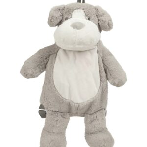 "Soft plush dog backpack. Nylon webbing straps and handle. Contrast ears and nose. Sewn eyes. Zip access for decoration onto front panel. Suitable for embroidery