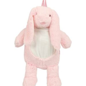 "Soft plush pink bunny backpack. Nylon webbing straps and handle. Contrast ears and nose. Sewn eyes. Zip access for decoration onto front panel. Suitable for embroidery