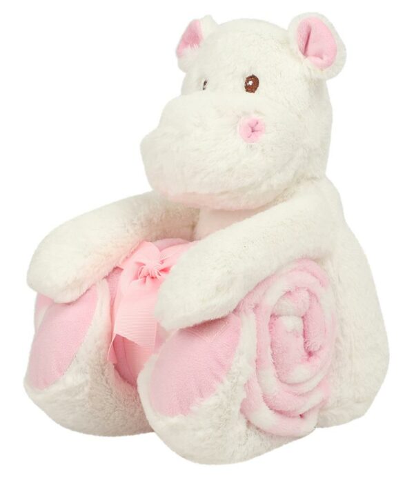 "Soft plush hippo with printed fleece blanket (87 x 73cm). Contrast ears