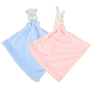 Soft plush white rabbit and bear with contrast nose and inner ear. Rabbit has pink contrast blanket. Bear has blue contrast blanket. Concealed zip on blanket for decoration.