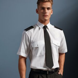 Easy care fabric. Stiffened collar. Epaulette tabs. Two chest pockets with button down flaps. Back yoke. Straight hem.