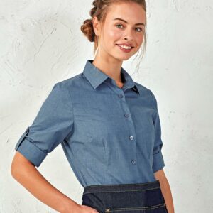 Easy care textured fabric. Fitted style. Soft collar. Self colour buttons. Back yoke. Front and back darts. Roll-up sleeves with button and tab. Two button cuffs. Curved hem.
