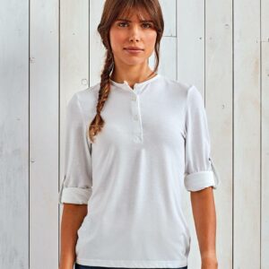 Single jersey.Easy care fabric.Soft and stretchy.White/navy has yarn dyed stripe.Three button placket.Roll-up sleeves with button and tab.Ribbed bound collar and cuffs.