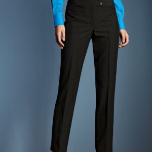 Easy care fabric.Straight leg.Front zip fly.Cross over deep waistband with two button closure.Domestic wash 40°C.