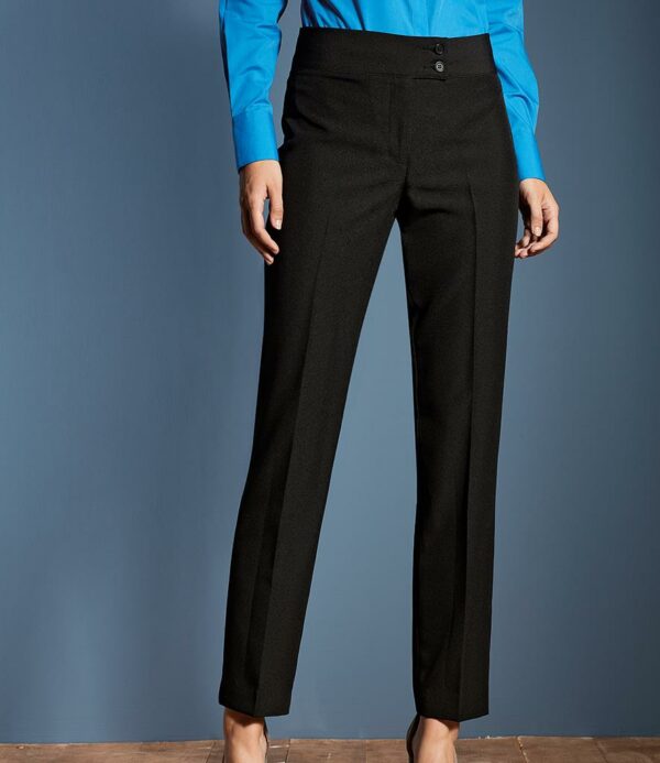 Easy care fabric.Straight leg.Front zip fly.Cross over deep waistband with two button closure.Domestic wash 40°C.