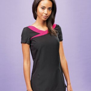 Easy care fabric.Mechanical stretch.Contrast panel detail around front neckline.Back zip closure.Princess seams.Bust darts.Side vents.Machine washable.