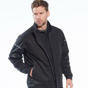 Mesh lining. Showerproof and windproof. Full length Ezee™ reverse zip. Media pocket. Two front zip pockets. Reflective trim on arms. Contrast panels on black/zoom grey. Quick dry elastic bound cuffs. Adjustable drawcord hem. Curved back hem.