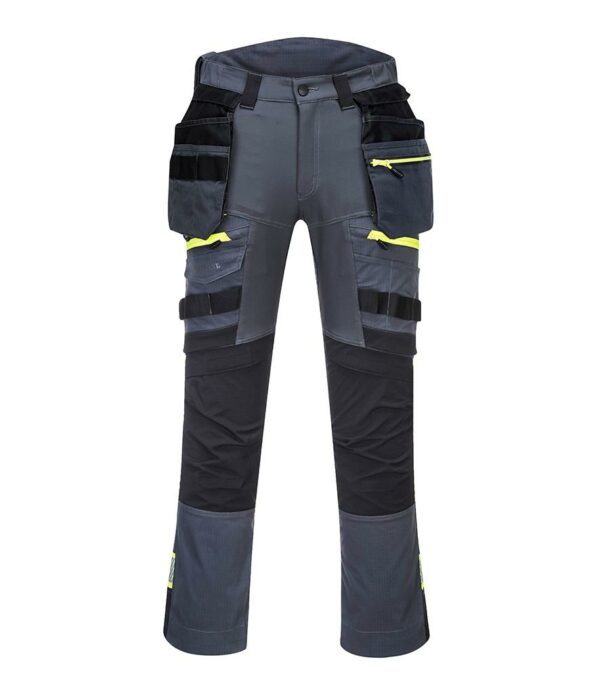 Contrast panels 65% polyester/35% cotton ripstop.Four way stretch.Part elasticated waistband with high rise back.Belt loops.Zip fly with button over.16 pockets including two detachable holster pockets