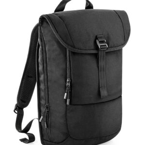 "Water and abrasion resistant fabric. HD polyester lining. High density seatbelt webbing. Grab handle. Padded adjustable shoulder straps. Adjustable chest strap with clasp closure. Breathable padded mesh back panel. Front zip pocket organiser section. External secure padded laptop compartment