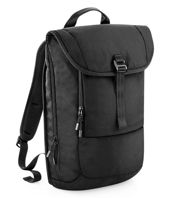 "Water and abrasion resistant fabric. HD polyester lining. High density seatbelt webbing. Grab handle. Padded adjustable shoulder straps. Adjustable chest strap with clasp closure. Breathable padded mesh back panel. Front zip pocket organiser section. External secure padded laptop compartment