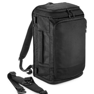 "Water and abrasion resistant fabric. HD polyester lining. High density seatbelt webbing. Grab handle. Innovative strap system converts from backpack to shoulder bag. Padded adjustable shoulder straps. Adjustable chest strap with clasp closure. Breathable padded mesh back panel. Main zip compartment. External secure padded laptop compartment