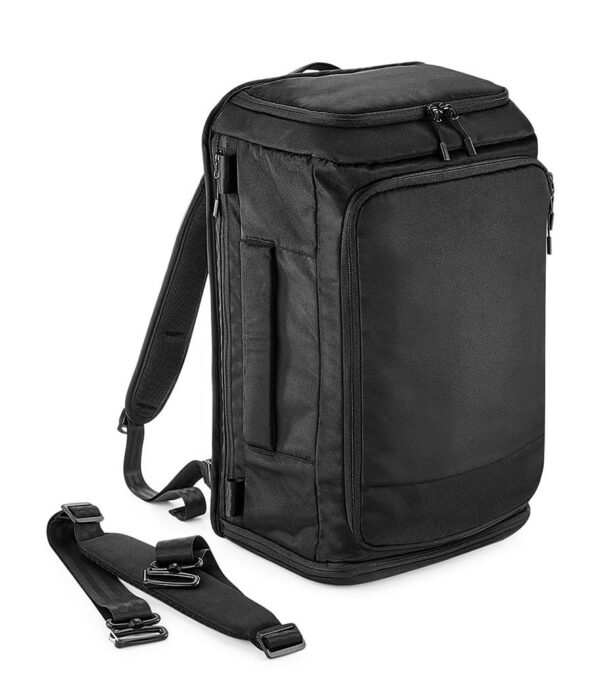 "Water and abrasion resistant fabric. HD polyester lining. High density seatbelt webbing. Grab handle. Innovative strap system converts from backpack to shoulder bag. Padded adjustable shoulder straps. Adjustable chest strap with clasp closure. Breathable padded mesh back panel. Main zip compartment. External secure padded laptop compartment