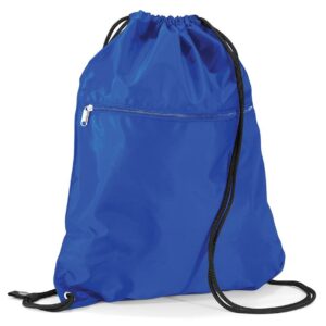 Water resistant fabric. Drawcord carry handles. Front zip pocket. Reinforced corners with metal eyelets. Capacity 14 litres.