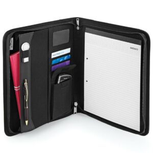 Organiser section. USB memory stick loops. Mobile phone pocket. Multiple interior card slots. Front slip pocket. Zip closure. A4 writing pad included. Gift box included.