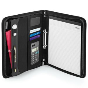 Organiser section. Calculator included. A4 two hole ring binder. USB memory stick loops. Multiple interior card slots. Front slip pocket. Zip closure. A4 writing pad included. Gift box included.
