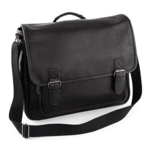 Fully lined in pinstriped fabric. Padded grab handle. Adjustable shoulder strap. Magnetic closures. Front zip pocket. Rear zip plush lined media pocket. Vintage style metal fittings. Tear out label. Capacity 11 litres.