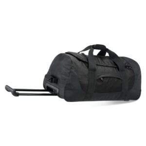 Webbing carry handles. Neoprene padded grab handle. Detachable adjustable shoulder strap including non-slip pad. Retractable twin tube locking tow handle. Compression straps. Internal packing straps. Front zip pocket. Internal mesh pockets. Sliders on base. Durable integrated skate wheels. Covered name card holder. Capacity 70 litres.