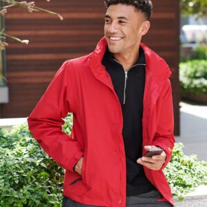 "Polyester lined. Waterproof with taped seams. Windproof. Concealed adjustable hood. Full length zip with tear release storm flap. Inner pocket. Two front zip pockets. Part elasticated
