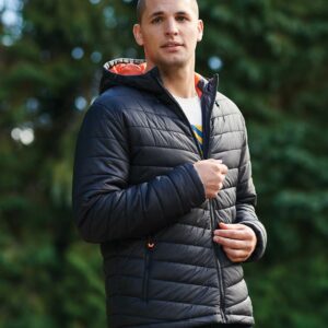 Contrast polyester lining. Warmloft down-touch insulation. Showerproof. Grown on adjustable hood. Full length zip with chin guard and inner zip guard. Active battery powered heating system with safety cut off (battery not included). Three temperature settings. Easy on/off button. Large heated back panel. Two front zip pockets. Elasticated cuffs. Drawcord hem. Cut out label. Access for decoration.