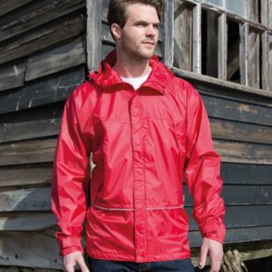 Polyester mesh lined body and polyester lined sleeves. Waterproof with taped seams. Windproof. Two front zip pockets. Adjustable cuffs. Piping around lower body. Adjustable drawcord at hem. Drop hem. Cut out label (some colours in transition). Access for decoration.