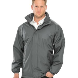 Jersey lined body and polyester lined sleeves. Waterproof with taped seams. Windproof. Concealed adjustable hood. Tear release storm flap. Inner pockets. Two front pockets. Elasticated cuffs. Open hem. Cut out label. Access for decoration.