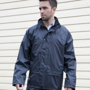 Waterproof 2000mm with taped seams. Windproof. Concealed hood. Full length zip with studded storm flap. Mesh ventilation panel on back. Inner elasticated cuffs. Adjustable drawcord hem. Cut out label.