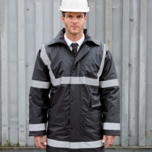 "Quilted polyester lining. Waterproof 1600mm with taped seams. Windproof. Full length two way zip with studded storm flap. Concealed adjustable hood. Two reflective bands around the body