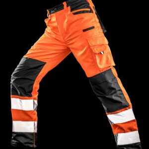 Conforms to EN ISO 20471: 2013 + A1: 2016 class 2. RIS-3279-TOM (orange only). Part elasticated high comfort waistband with belt loops. Zip fly with button over. Two side zip pockets. Black external knee pad pockets. Left thigh multi-use pocket. Rear patch and ruler pockets. Hammer loop. Two reflective bands around lower legs. Bar tack stress points. Cut out label.