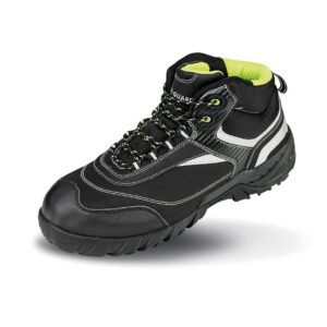 EN ISO 20345: 2011 S3. Steel toe cap.  Showerproof and breathable. Composite midsole for underfoot protection. SRC slip resistance. Energy absorbing heel. Anti-static. Green trim. Reflective detail. Padded ankle cuff and tongue. Loop pull. Comes with spare laces - black/grey and solid black.