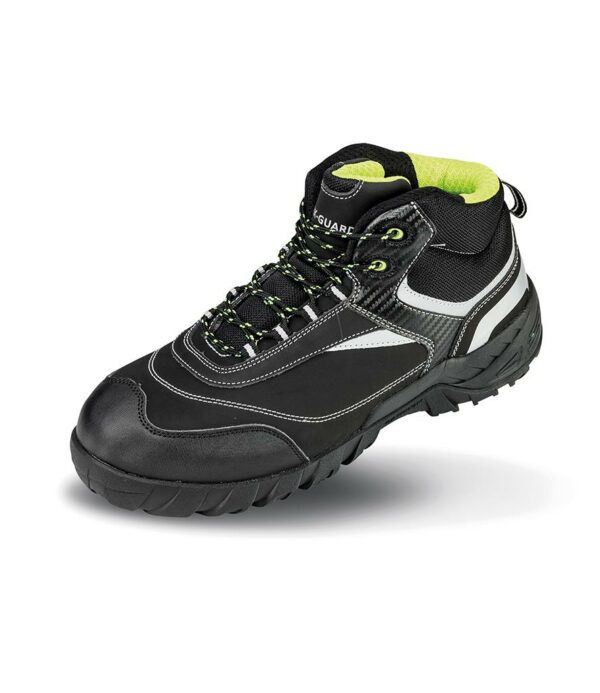 EN ISO 20345: 2011 S3. Steel toe cap.  Showerproof and breathable. Composite midsole for underfoot protection. SRC slip resistance. Energy absorbing heel. Anti-static. Green trim. Reflective detail. Padded ankle cuff and tongue. Loop pull. Comes with spare laces - black/grey and solid black.