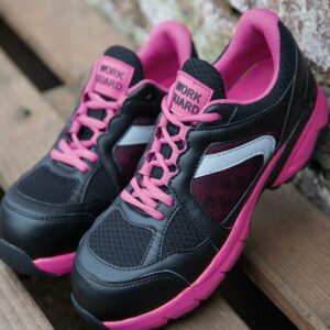 EN ISO 20345: 2011 S1P SRC. Lightweight low profile sports style. Breathable. Polycarbonate composite toe cap. Composite midsole for underfoot protection. EVA/rubber sole. Scuff cap. SRC slip resistance. Anti-static. Reflective detail. Padded tongue. Comes with spare laces - pink/black and pink/grey.