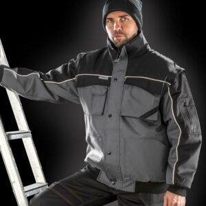 "Polyester padding and lining. Showerproof and windproof. Zip-off sleeves. Fleece lined collar. Full length zip with studded storm flap. Reflective piping to body and sleeves. Various pockets
