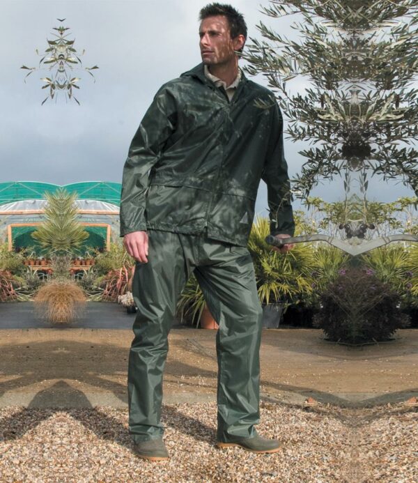 "Waterproof 2000mm with taped seams. Windproof. Hood with tear release closure. Jacket has full length zip