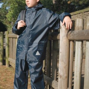 "Waterproof with taped seams. Windproof. Hood with tear release closure. Jacket has full length zip