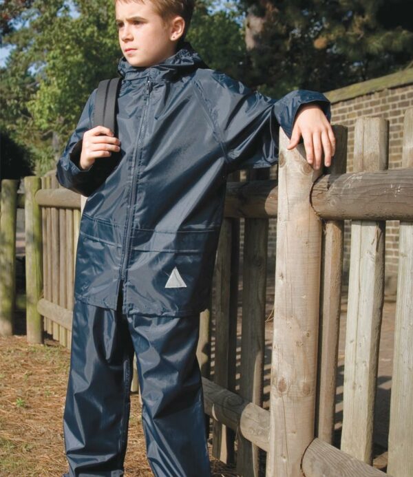 "Waterproof with taped seams. Windproof. Hood with tear release closure. Jacket has full length zip