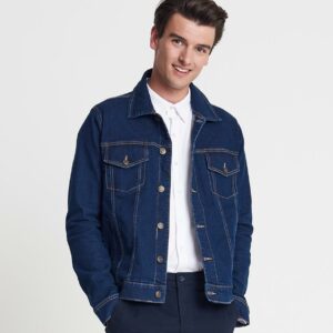 Stretch denim. Fashion fit. Classic denim jacket panelling. Hanging loop. Shank button closure. Two chest pockets with flap closure. Two front pockets. Single button cuffs. Contrast twin needle stitching.