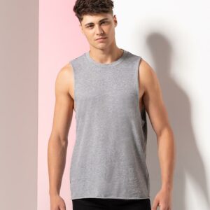 Single jersey. Stretch ribbed neckline. Raw edge armholes and hem. Tear out label.