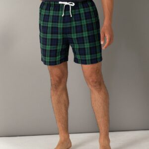 Twill weave. Woven tartan shorts. Fully elasticated waistband with mock drawcord. Rear patch pocket. Twin needle hem. Tear out label.