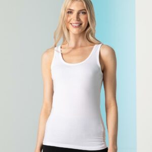 Single jersey. Stretch fabric for a modern shaped fit. Soft touch. Enzyme washed. Self fabric bound neckline and armholes. Side seams. Longer length. Twin needle hem. Tear out label.