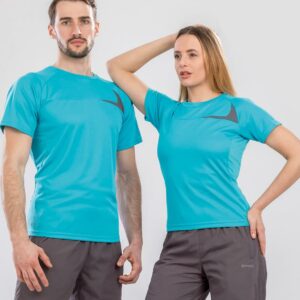 Cool-Dry© moisture management textured fabric. Lightweight and quick drying. Self fabric collar. Reflective piping on back raglan seams. Contour fit panels. Twin needle sleeves and hem.