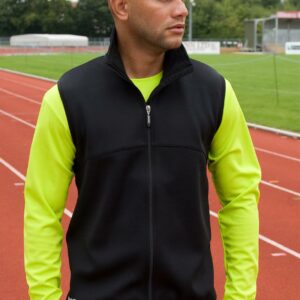 Polyester outer layer with quick dry finish. Polyester fleece inner layer. 92% polyester/8% elastane mesh back panel. Full length zip with inner zip guard. Stand up collar. Bound armholes. Reflective piping on back contour panels. Breathable contour back mesh panel. Reflective print detail to front. Longer shaped back panel. Elasticised hem with grip strip.
